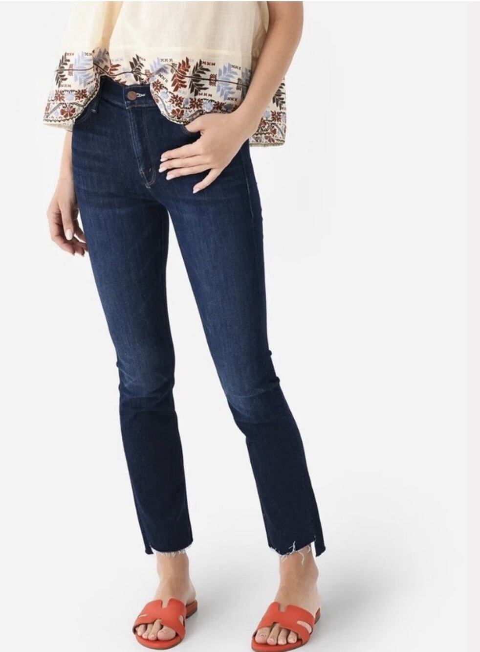 Mother Mid Rise Dazzler Ankle Fray Jeans Women's 31 Blue Off Limits Straight